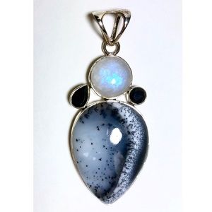 Dendritic Opal, Rainbow Moonstone, Onyx Pendant